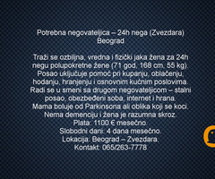 Potrebna negovateljica – 24h nega (Zvezdara) Beograd
