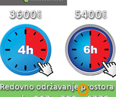 Brisanje i redovno održavanje prostora za 4h rada 3600 rsd, za 6h rada 5400 rsd